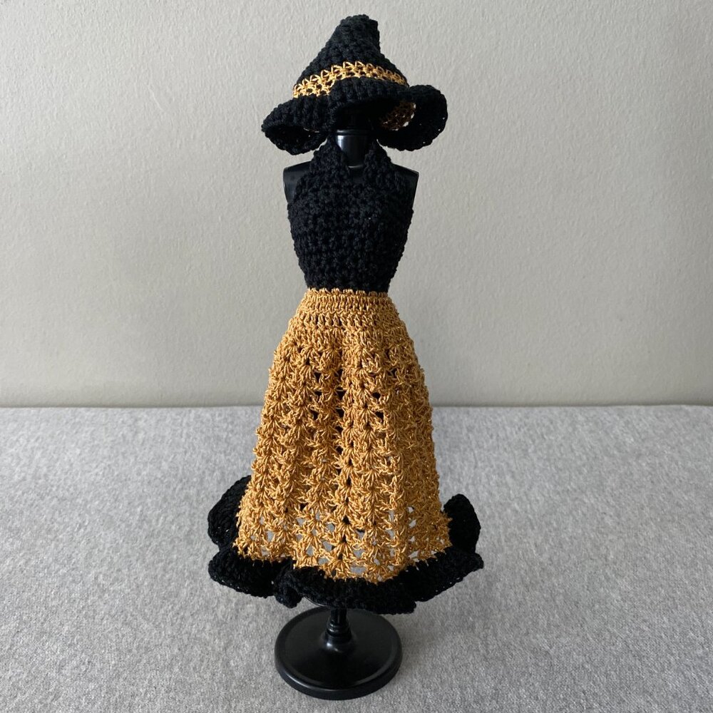 Handmade Crochet Halloween Black Gold Witch Outfit for 29cm Doll 2-Piece Set